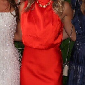 Distinctive Charm Red Orange Satin Asymmetrical Midi Dress